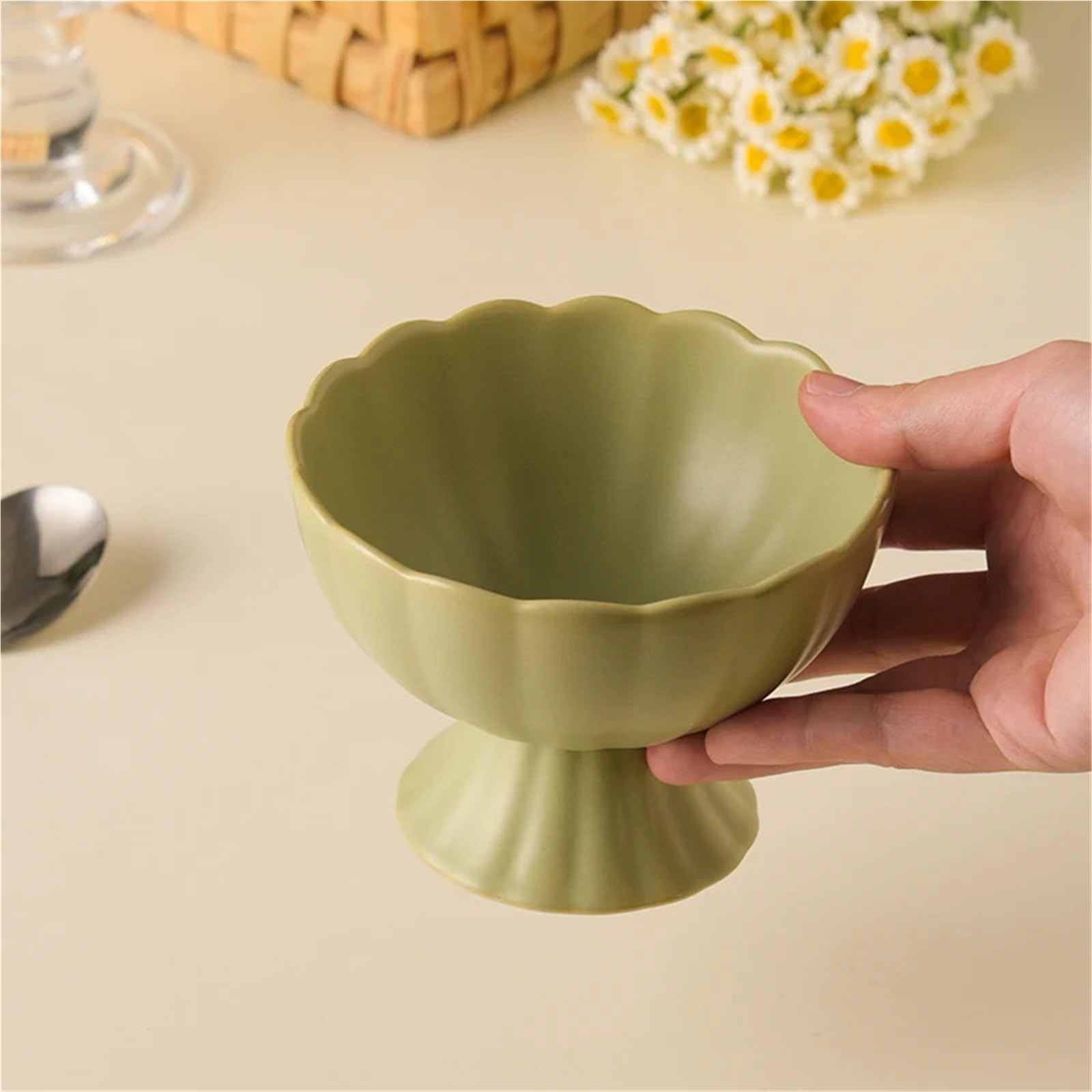 Coppe Gelato Ciotola in Ceramica con Gamba Alta da 2 Pezzi, Ciotola da Dessert da 200 ml/7,5 Once, utilizzata for frullati, marmellata, Ciotole for Gelato per Dessert(Yellow)