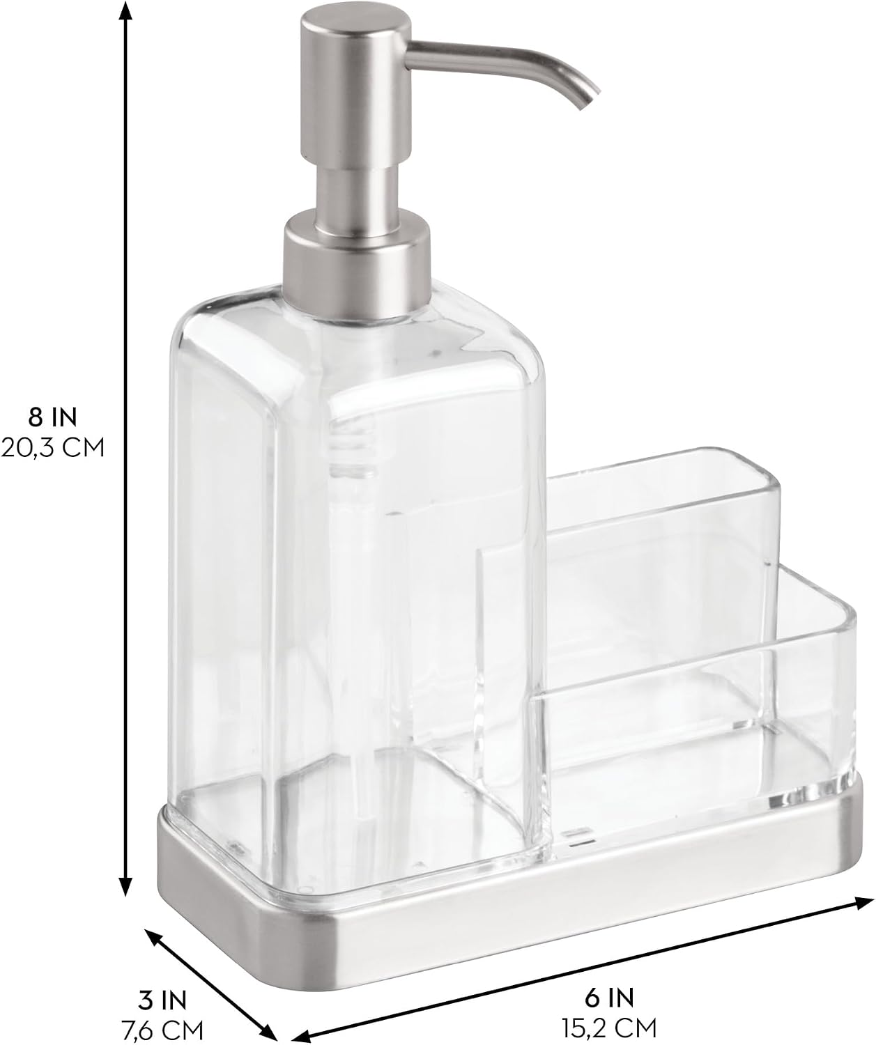 iDesign 67080 Forma Plastic Soap Pump with Caddy, Dispenser with Storage Compartment for Bathroom, Kitchen Countertops, Sinks, Set of 1, Stainless | Dispenser with Storage Compartment for Bathroom, Kitchen Countertops