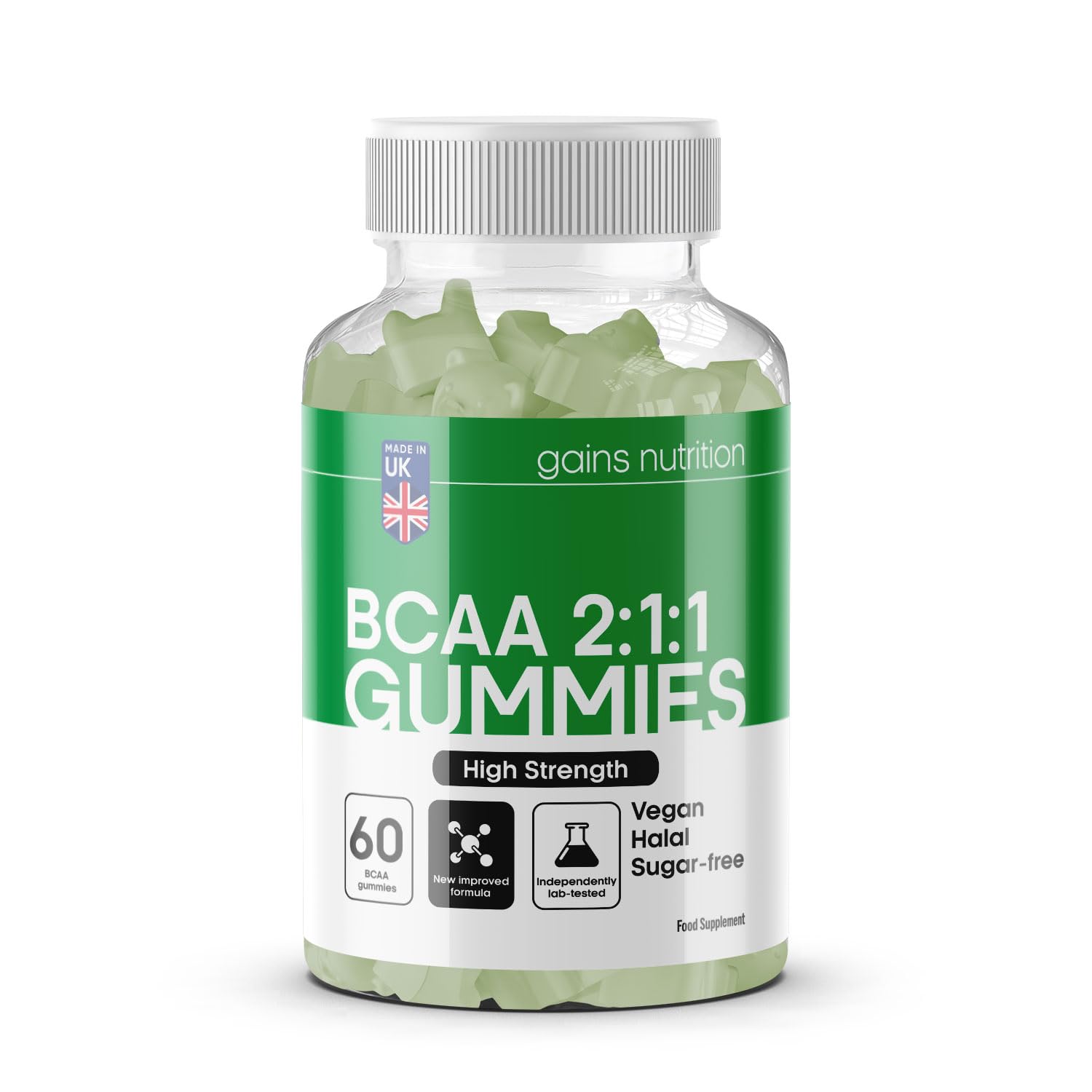 GN BCAA Gummies | 60 Gommes Acides Amines BCAA - 1000 mg Acide Aminé ramifié par portion - Complément L-Leucine L-Isoleucine L-Valine | Saveur pomme | Sans OGM Convient aux Végétaliens et Végétariens
