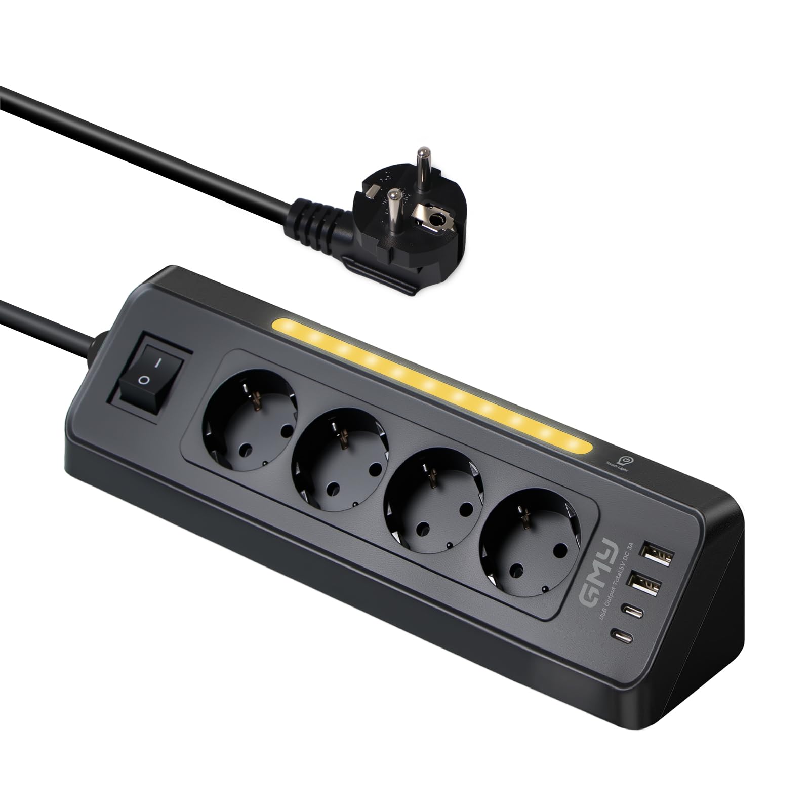 GMY Ecksteckdose | 4-Fach Steckdosenleiste mit USB C | Eck Mehrfachsteckdose mit Nachtlicht für Küche, Büro | Überspannungsschutz, 3680W,1.5mm² Aufweisen, 2m, Schwarz Küchensteckdose