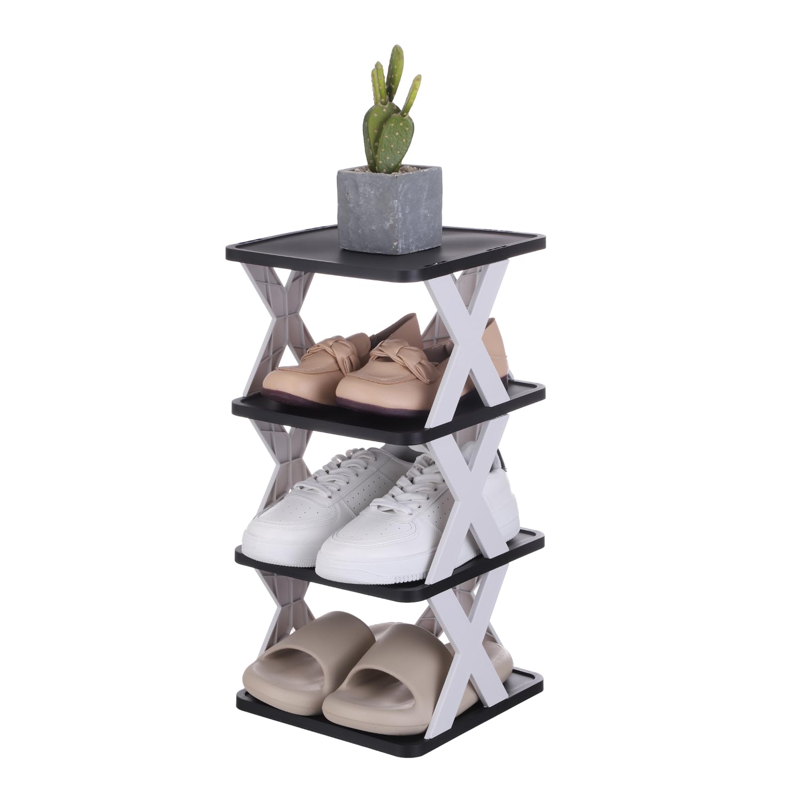 sourcing map 4-Tier Plastic Shoe Rack, Vertical Shoe Rack Stackable Storage Organizer Folding Space-Saving Narrow Slot Shelf for Closet Livingroom Entryway Garage, White/Black