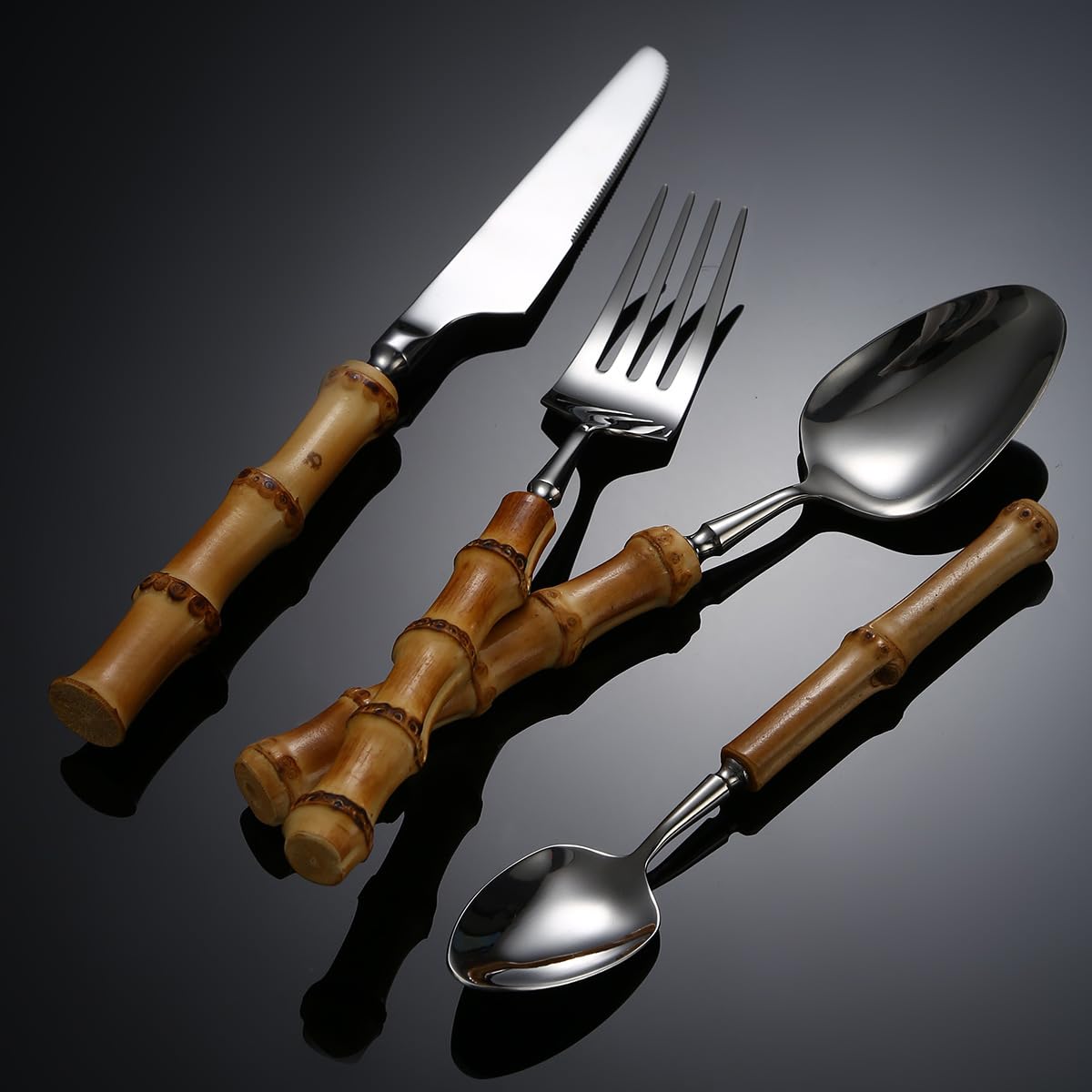 Juego de Cubiertos de Plata (4/16/24/32/40/48 Piezas), Mango de bambú Natural 304, Cuchillo, Tenedor y Cuchara de Acero Inoxidable, vajilla de Hotel, Cuchillo para Carne, Plateado (32 Piezas)
