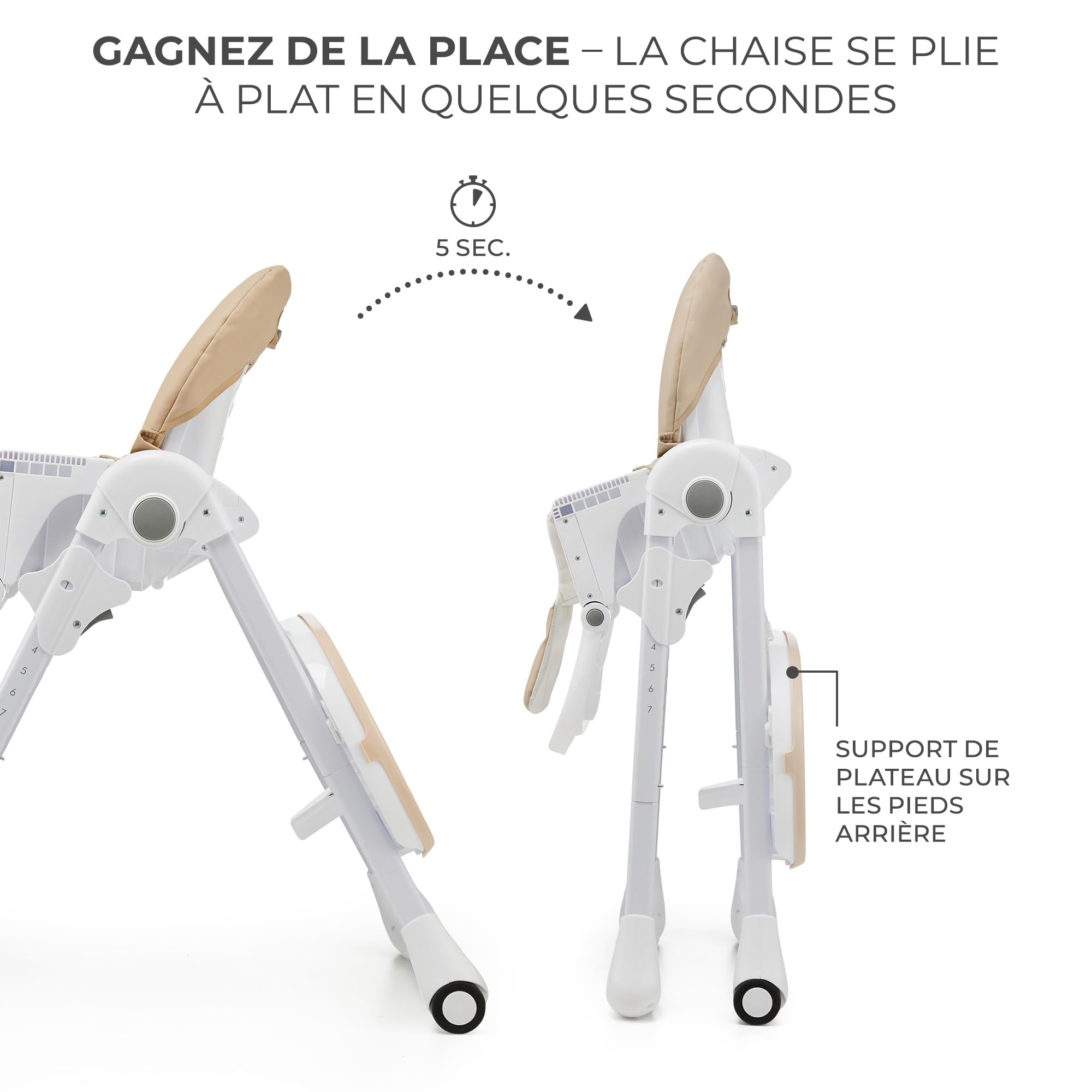 Kinderkraft TUMMIE Chaise Haute 2 en 1, pour Bébé Ergonomique, Confortable, Inclinable, Pliable, avec Hauteur Réglable, Repose-Pieds, Plateau Amovible, pour Tout-Petit, avec jouets, Beige