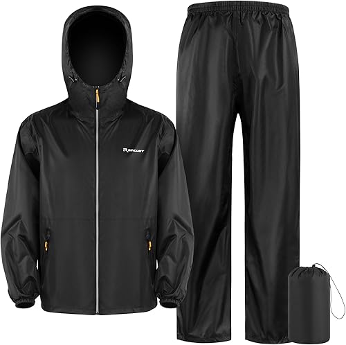 LAMA Traje de lluvia ligero e impermeable para hombres y mujeres, chaqueta de lluvia transpirable con capucha y pantalón, impermeable suave y