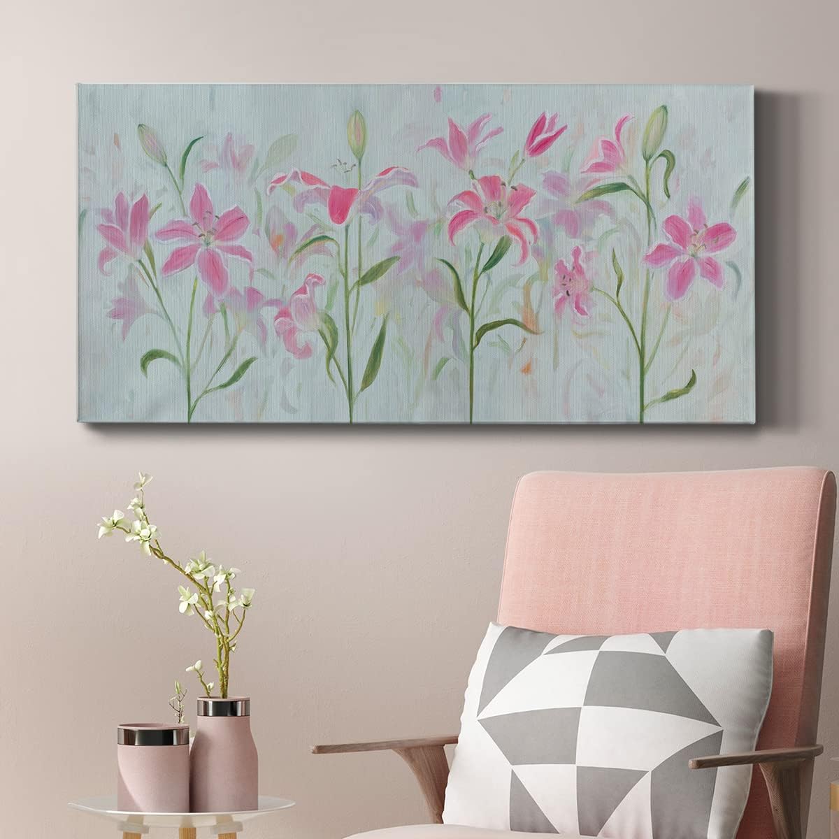 Renditions Gallery Canvas Floral Wall Art Modern Decorations Paintings Dancing Pink Trio Romantic Abstract Botanical Canvas Artwork Prints for Bedroom Office Kitchen - 20"x40" -LT515