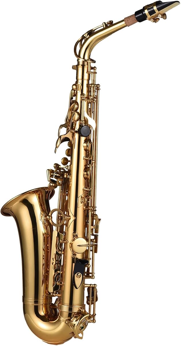 Saxofón alto para principiantes – Instrumento de viento de latón lacado con estuche de transporte, correa para el cuello, guantes y boquilla – Compatible con Júpiter