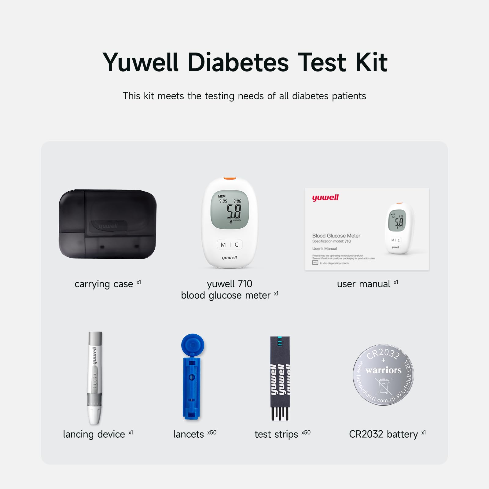 yuwell Misuratore Glicemia con strisce reattive x 50 e lancetti x 50, il Glucometro Kit Completo ideale per l'Uso Domestico, Diabete Test Kit Glucosio nel Sangue (Modello 710)