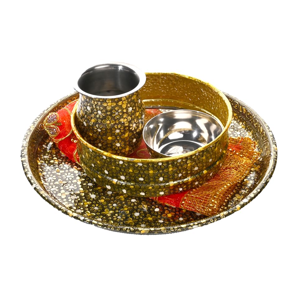 Handcrafted Karwa Chauth Thali With Kalash Decorated Steel Plate Platter with Essential Pooja Articles for Rituals Festival and Gifting (Antique Golden)