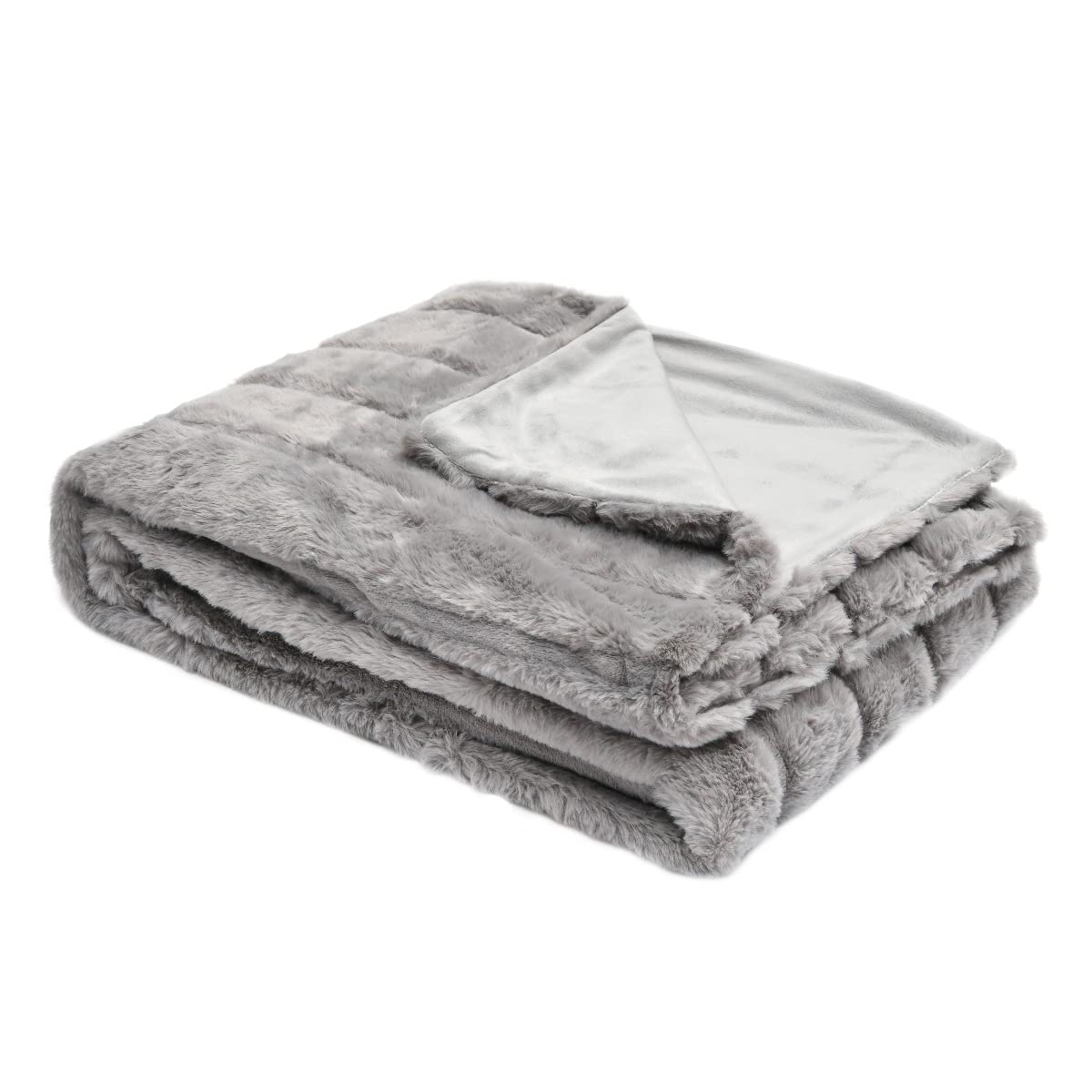 SleepdownStriped Faux Fur Throw Over Sofa Bed Couch Super Soft Warm Cosy Luxury Cosy Blanket Bedspread - Grey - 150cm x 200cm