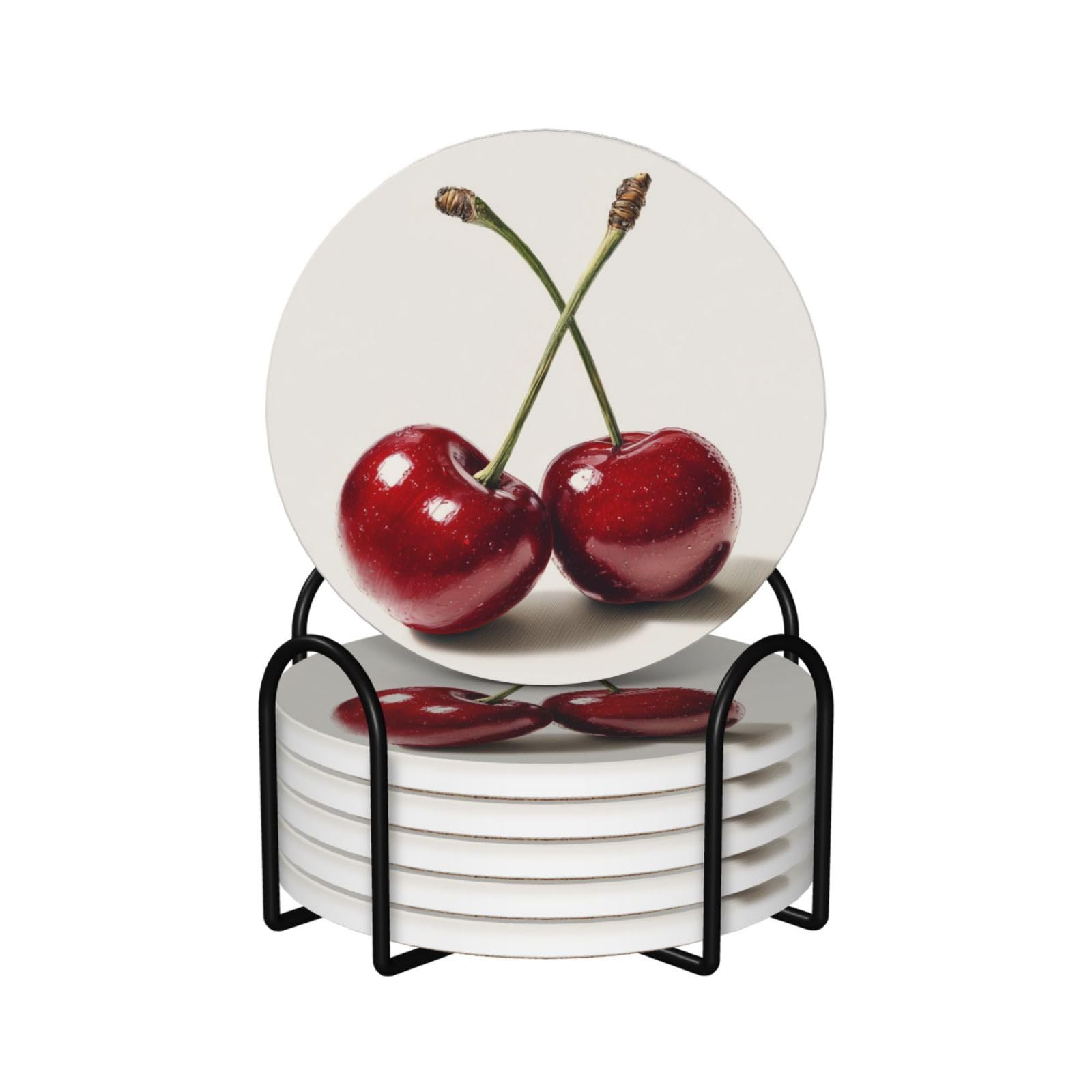 Two Ripe Glossy Cherries Ceramic Coasters with Holder 6ps