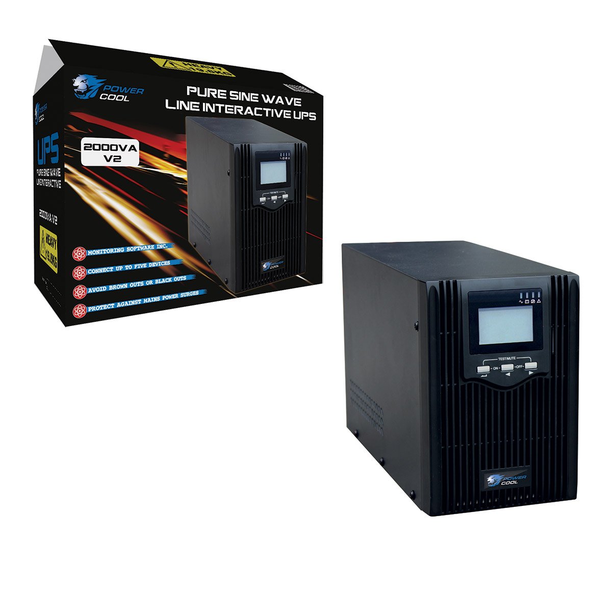 Powercool 2000VA2 Smart UPS Battery Backup – 1600W Pure Sine Wave Line-Interactive UPS with AVR, DSP Control, ECO Mode, USB/RS-232, RJ45 Surge Protection, 2× UK + 3× IEC Outlets | 3× 12V 9Ah Batteries