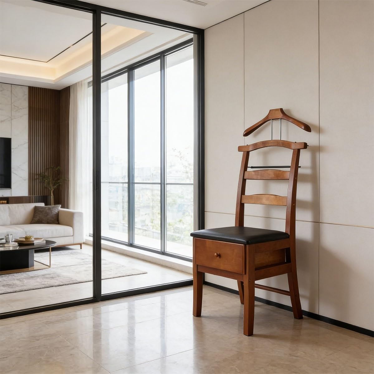 Brown Valet Stand with Office Chair Hanger Drawer Trouser Bar Tie Belt Bar Freestanding Clothes Valet Stand Organizer Storage