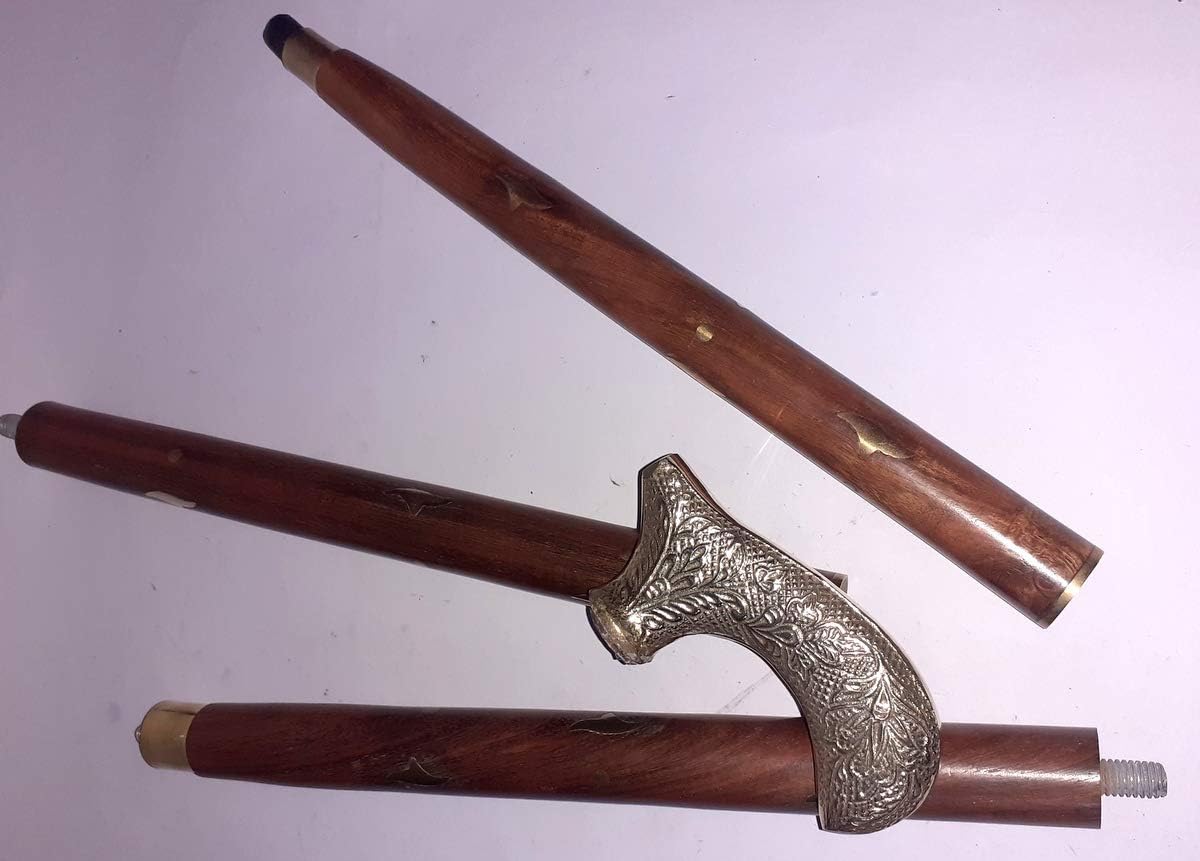 Handmade Victorian Antique Brass Handle Wooden Walking Stick Cane Golden & Brown