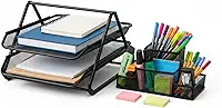 Kit Organizador de Mesa para Home Office e Escritório em Metal Aramado Preto – Bandeja Organizadora + Porta-Canetas