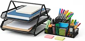 Kit Organizador de Mesa para Home Office e Escritório em Metal Aramado Preto – Bandeja Organizadora + Porta-Canetas