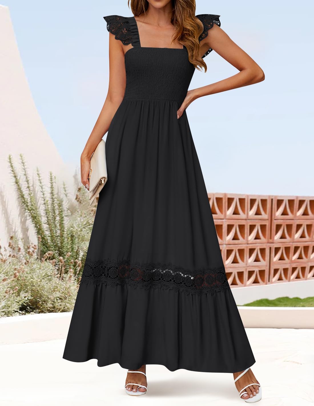 ZESICA Women's 2026 Summer Lace Strap Sleeveless Square Neck Smocked High Waist Ruffle Hollow Out Flowy A Line Maxi Dress - Image 4