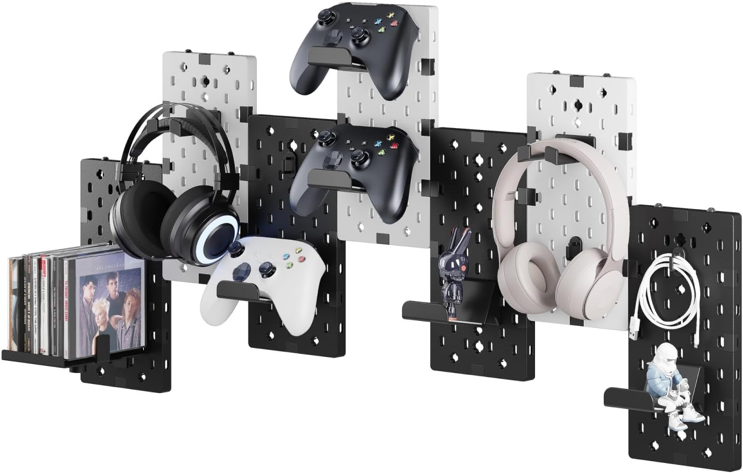 PEGZONE Controller and Headphone Holder Wall Mount, Modular Gaming Pegboard with Accessories, Controller Stand for Xbox PS5 PS4 Switch, Video Game Storage, Disc Shelf, 7pcs Pegboard, Black & White