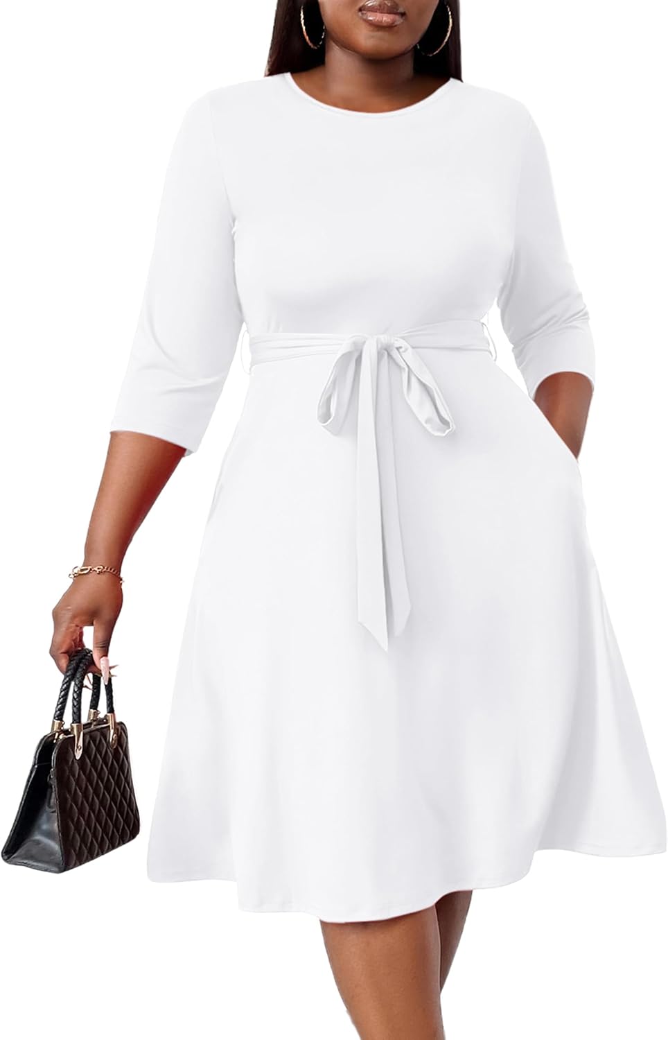 FANDEE Plus Size Midi Dress for Women - Printing Summer Dresses Casual 3/4 Sleeves Round Neck, Pockets and Belt（XL-5XL）