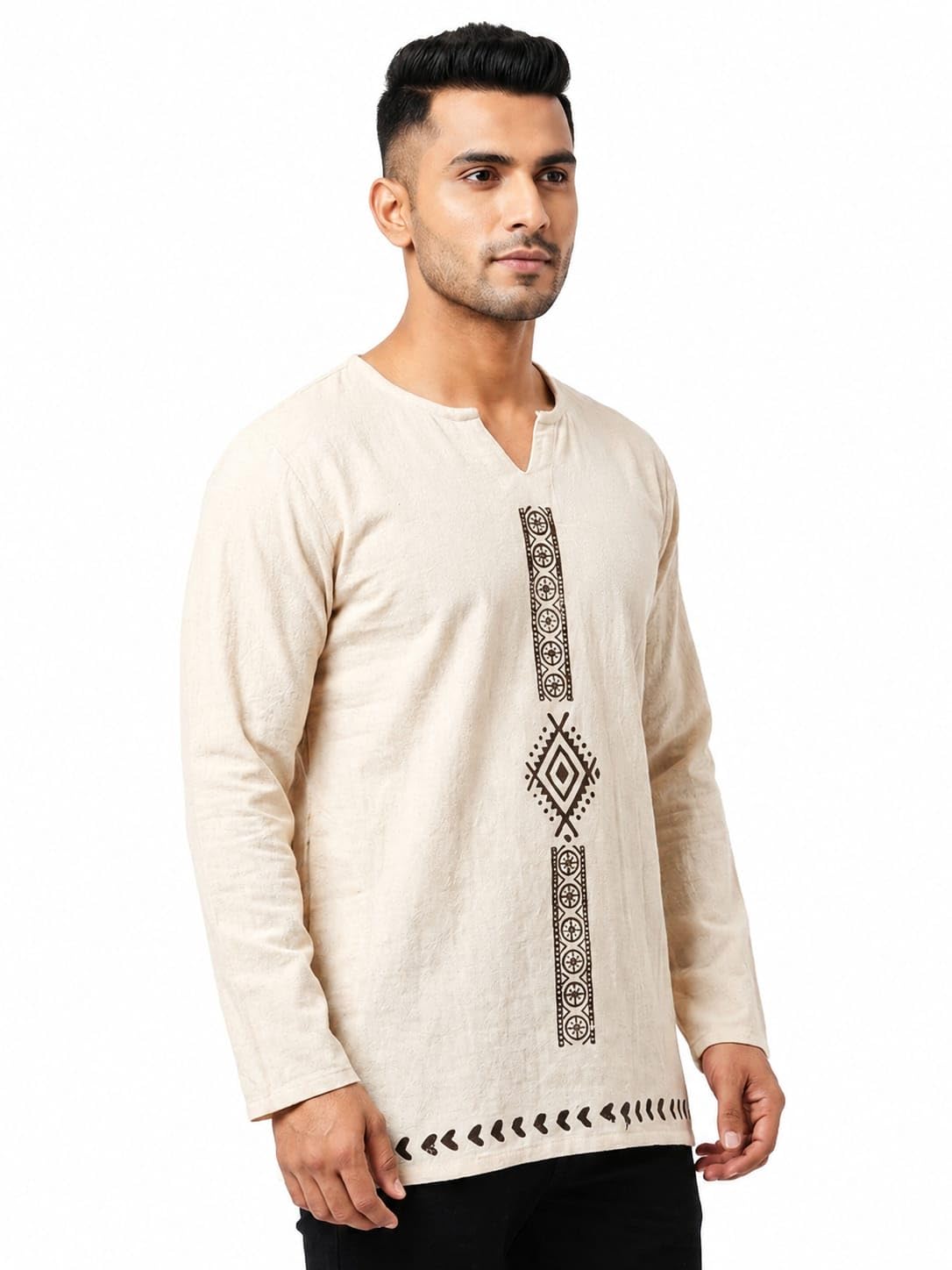 Men's Short Kurta with Block Print, Beige with Ethnic Print, Full Sleeves| Short Loose-Fit| Casual & Comfortable Traditional Kurta | Soft & Breathable Fabric-image-23