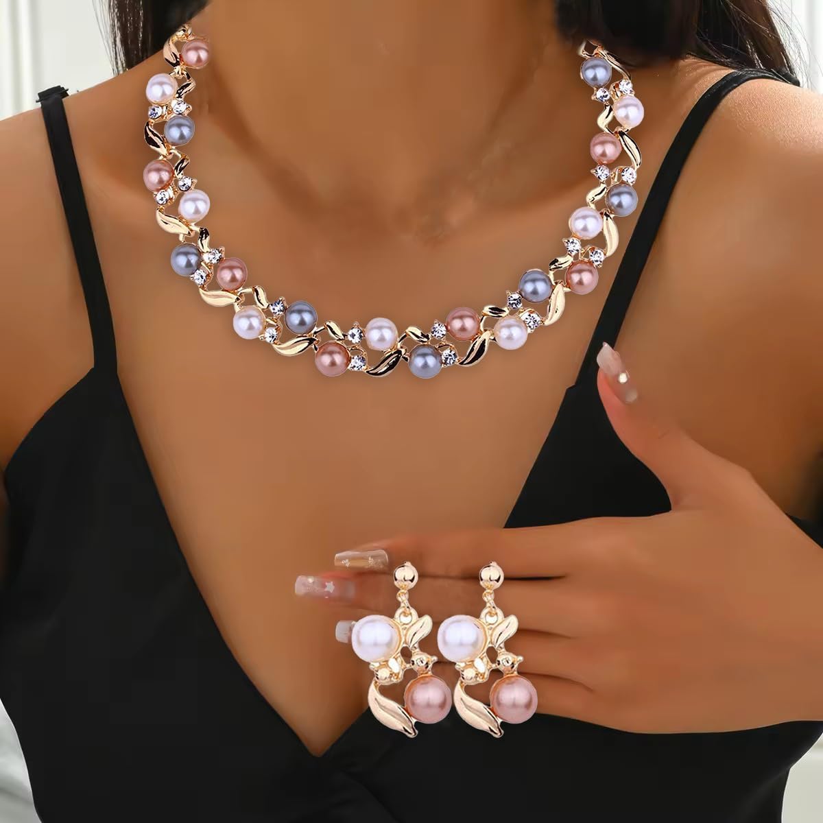 GIGB PBDK Crystal Pearl Earrings Necklace Set for Women,Boho Vintage Layered Rhinestone Beaded Collarbone Choker,Gold Pearl Dangle Earrings Wedding Jewelry Gift - Image 3