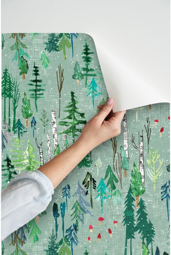 Peel & Stick Wallpaper 6ft x 2ft - Forest Sage Snow Mushroom Blue Woodland Pine Birch Trees Winter Christmas Custom Removable Wallpaper by Spoonflower