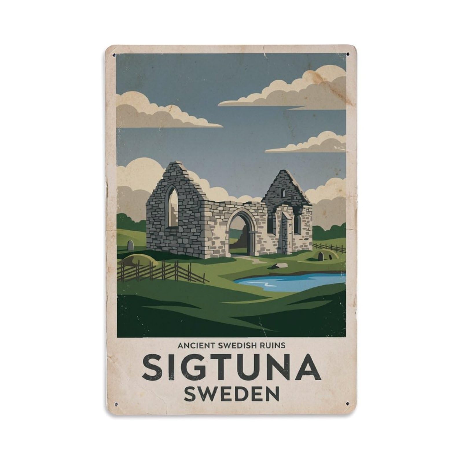 Vintage Travel Sigtuna Sweden Ruins Metal Tin Sign