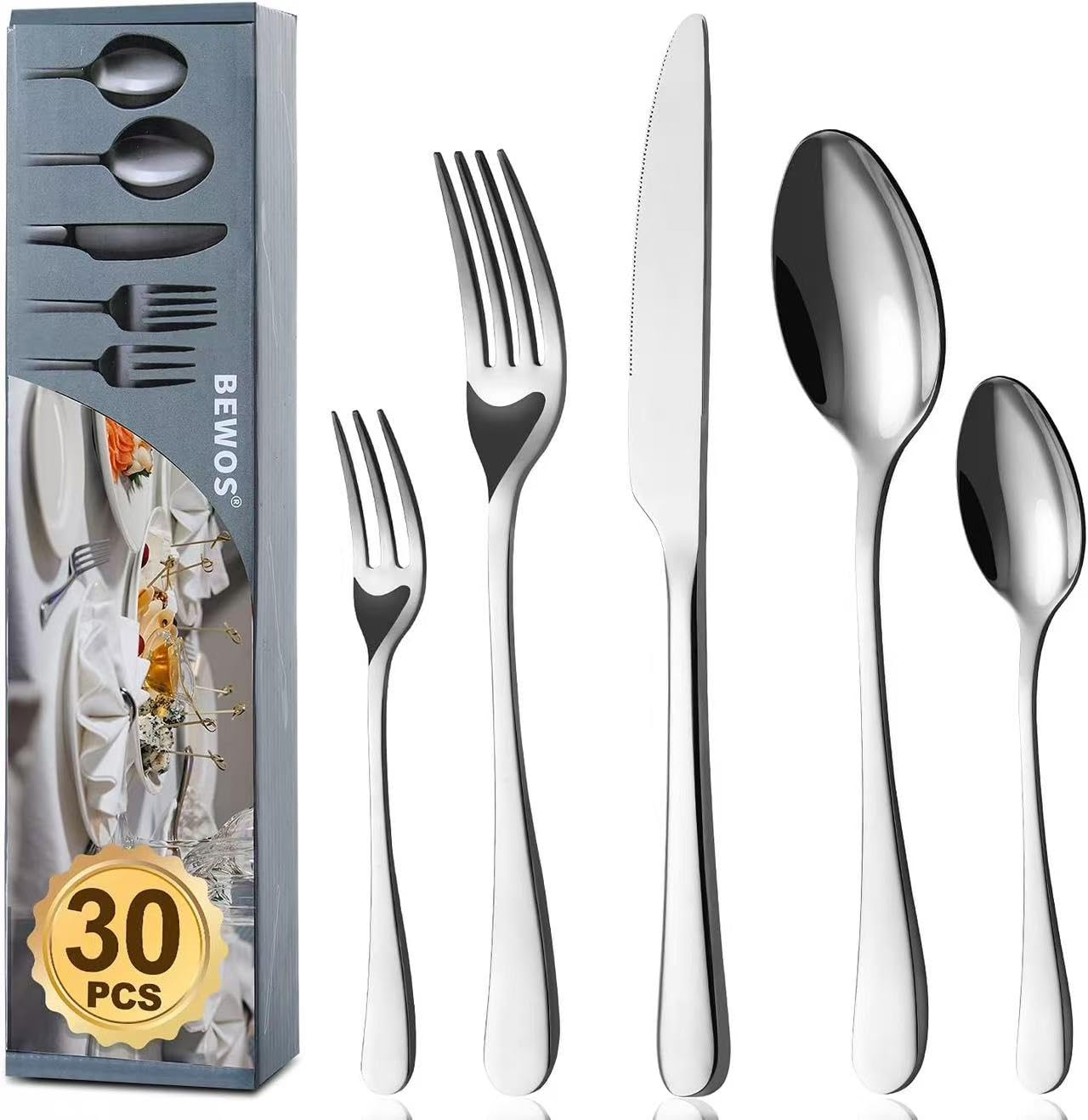 BEWOS Besteck Set für 6 Personen-30 teilig Essbesteck Set inkl. Messer, Gabel, Löffel, Besteck Edelstahl Spiegelpoliert, Spülmaschinenfest