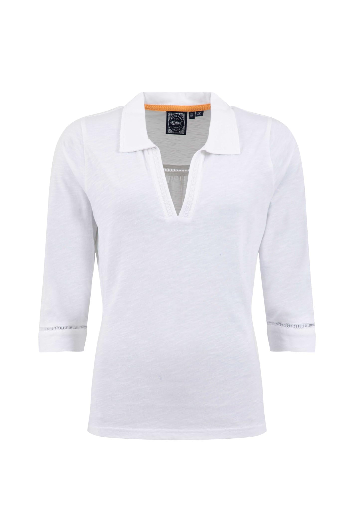 Weird Fish Women's Annare 3/4 Sleeve Jersey Trophy Neck Top in White | Size: 18