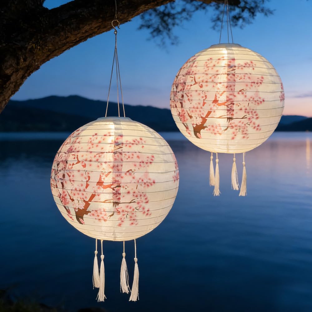 WRQIOO 2PCS Solar Lights Outdoor Garden Lantern, 12in Hanging Hanging Solar Lanterns Outdoor Garden, Waterproof Nylon Cloth Chinese Japanese Lant-ERN Cherry Blossom So-lar Gar-den Lights Hanging