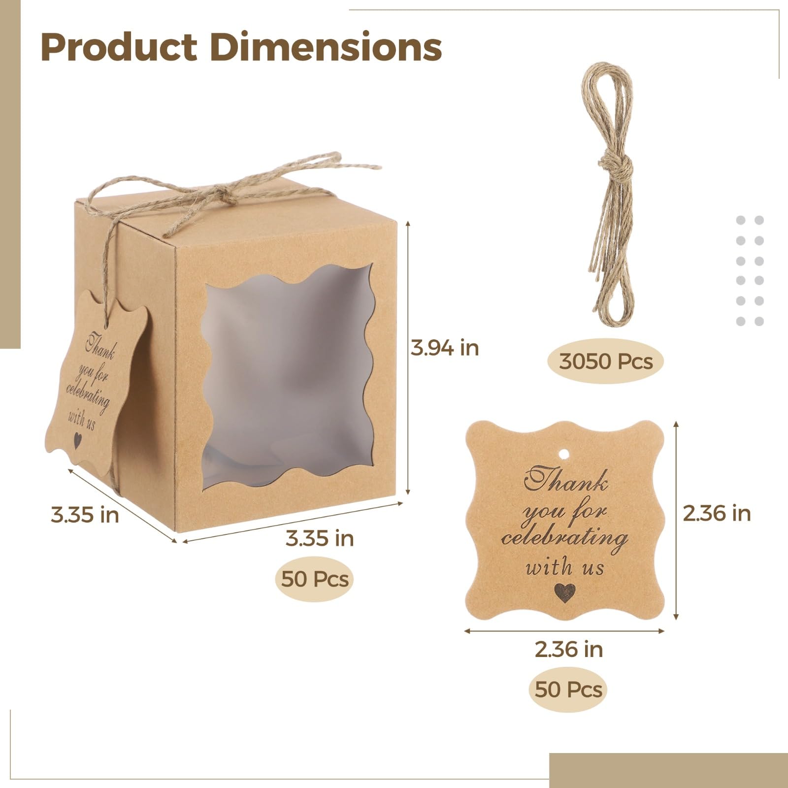 50er-Set Kerzen-Geschenkboxen, Papier-Geschenkverpackungsboxen mit transparentem Fenster, Dankeschön-Anhängern und Juteschnur, ideal für Hochzeiten, Partys, Brautpartys, Khaki