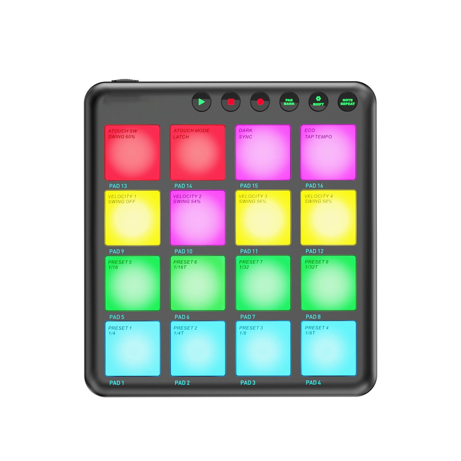 Btuty Dynamischer RGB-Pad-BT-MIDI-Controller mit 16 Tasten, Wiederaufladbar, Tragbar, Musikproduktion, Performance-Szene (Schwarz)