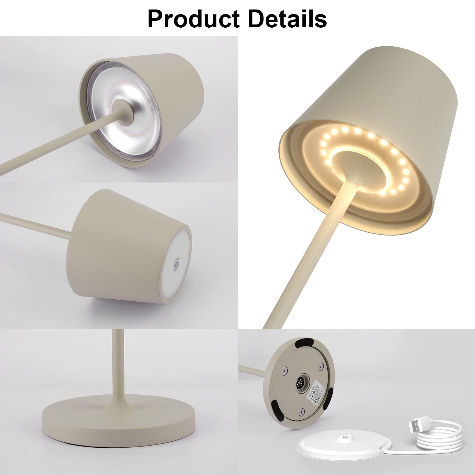 K-Bright Lampada LED Dimmerabile da tavolo in alluminio, H38cm，Ricaricabile Colore luce calda Per interni/esterni Lampada da tavolo con base di ricarica a contatto (Beige sabbia)