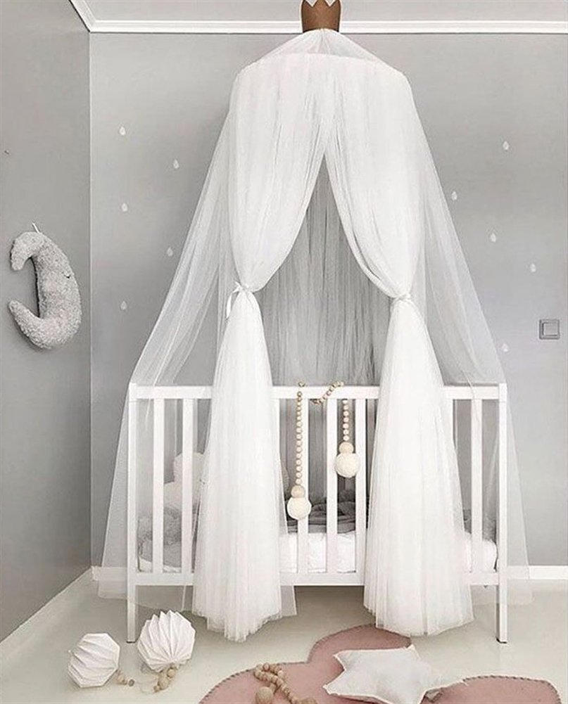 zanzariera Lettino Neonato con Supporto Maglia zanzariera Lettino Bimbi con Apertura Pieghevole Neonato per Lettino Bambini mit Ornamenti Stella Bianco 240x60cm (HöhexDurchmesser)