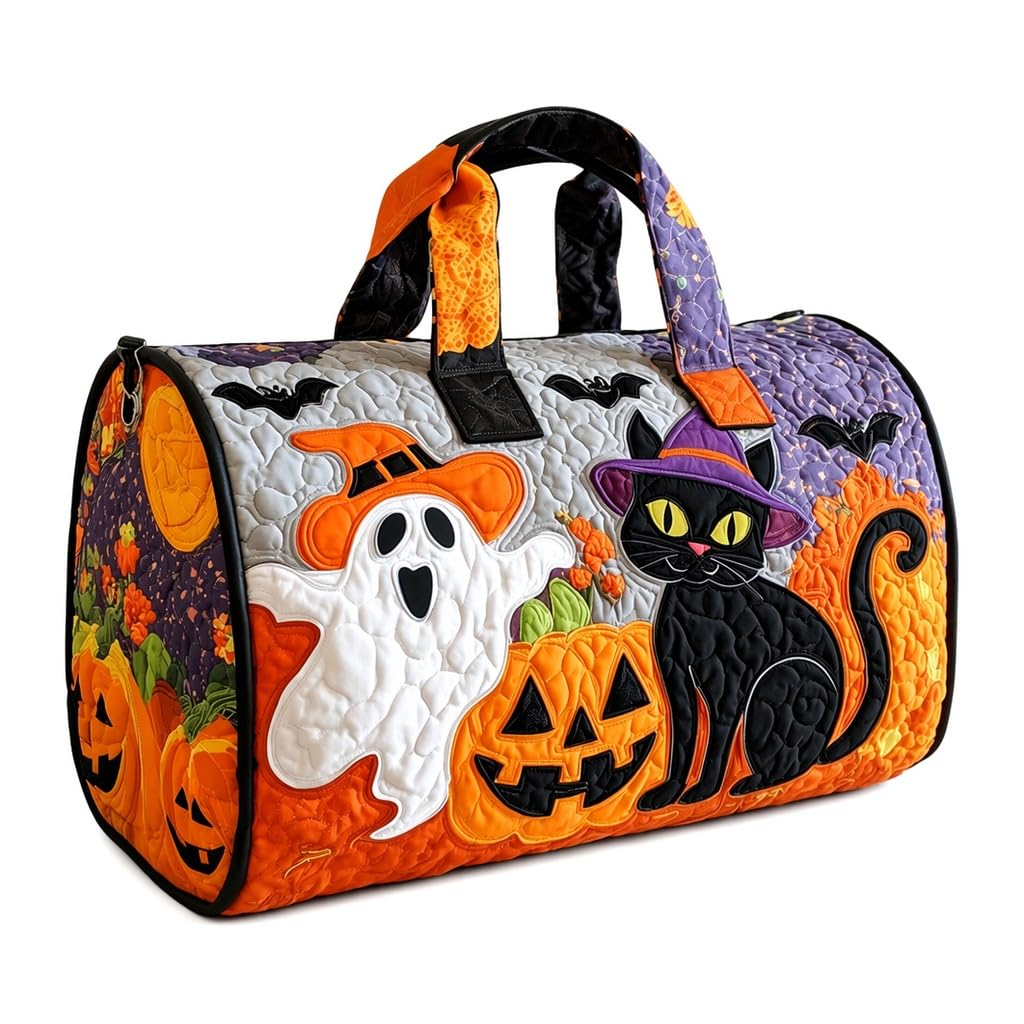 Halloween Quilted Duffle Bag,Retro Boho Travel Beach Portable Weekender Bag (N,M(16″Lx8″Wx8″H))