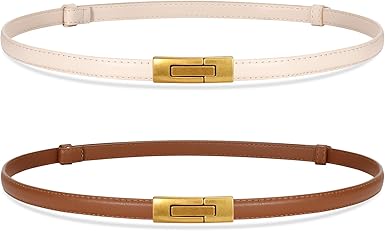 SANSTHS 2 Pack Thin Ladies Waist Belt for Dresses Jeans Pants, Skinny Womens Belt with Antique Gold Buckle