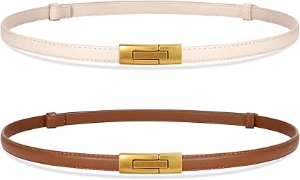 SANSTHS 2 Pack Thin Ladies Waist Belt for Dresses Jeans Pants, Skinny Womens Belt with Antique Gold Buckle