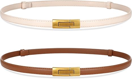 SANSTHS 2 Pack Thin Ladies Waist Belt for Dresses Jeans Pants, Skinny Womens Belt with Antique Gold Buckle