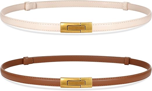 SANSTHS 2 Pack Thin Ladies Waist Belt for Dresses Jeans Pants, Skinny Womens Belt with Antique Gold Buckle
