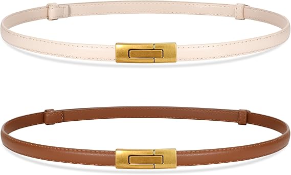 SANSTHS 2 Pack Thin Ladies Waist Belt for Dresses Jeans Pants, Skinny Womens Belt with Antique Gold Buckle