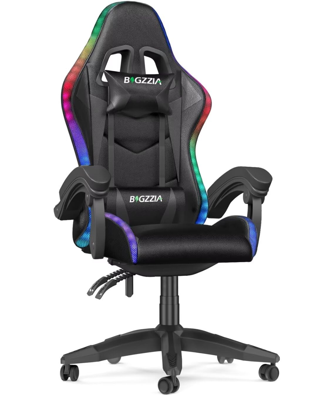 bigzzia Silla Gaming con Luces LED,Silla Ergonómica Gaming,Altura Regulable Silla con Apoyo Lumbar y Reposacabezas, Respaldo Inclinable hasta 155° (Utilización RGB, Black)