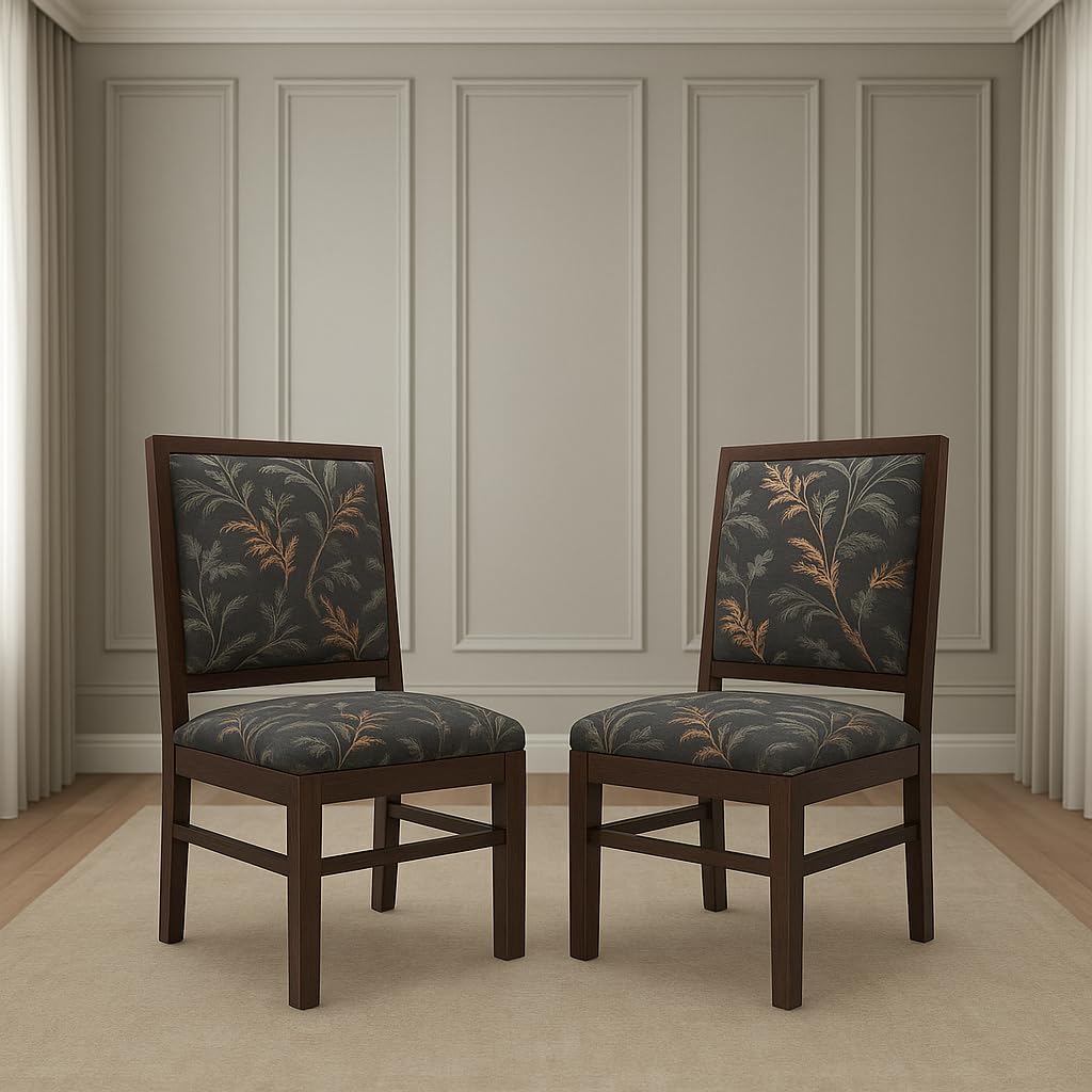 HANDWOOD FURNITURE | Solid Wood Set of 2 Dining Study Chair | Home & Office Furniture | Finish Color:- Walnut Finish with Grey Printed Cushions | Pre-Assembled |1 Year Warranty |