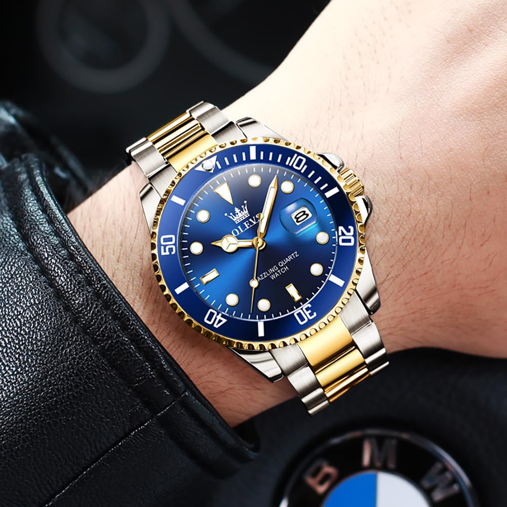 OLEVS Herren-Armbanduhr, Designer-Kalenderkleid, Metall, Edelstahl, Quarz, analog, wasserdicht, leuchtend, groß