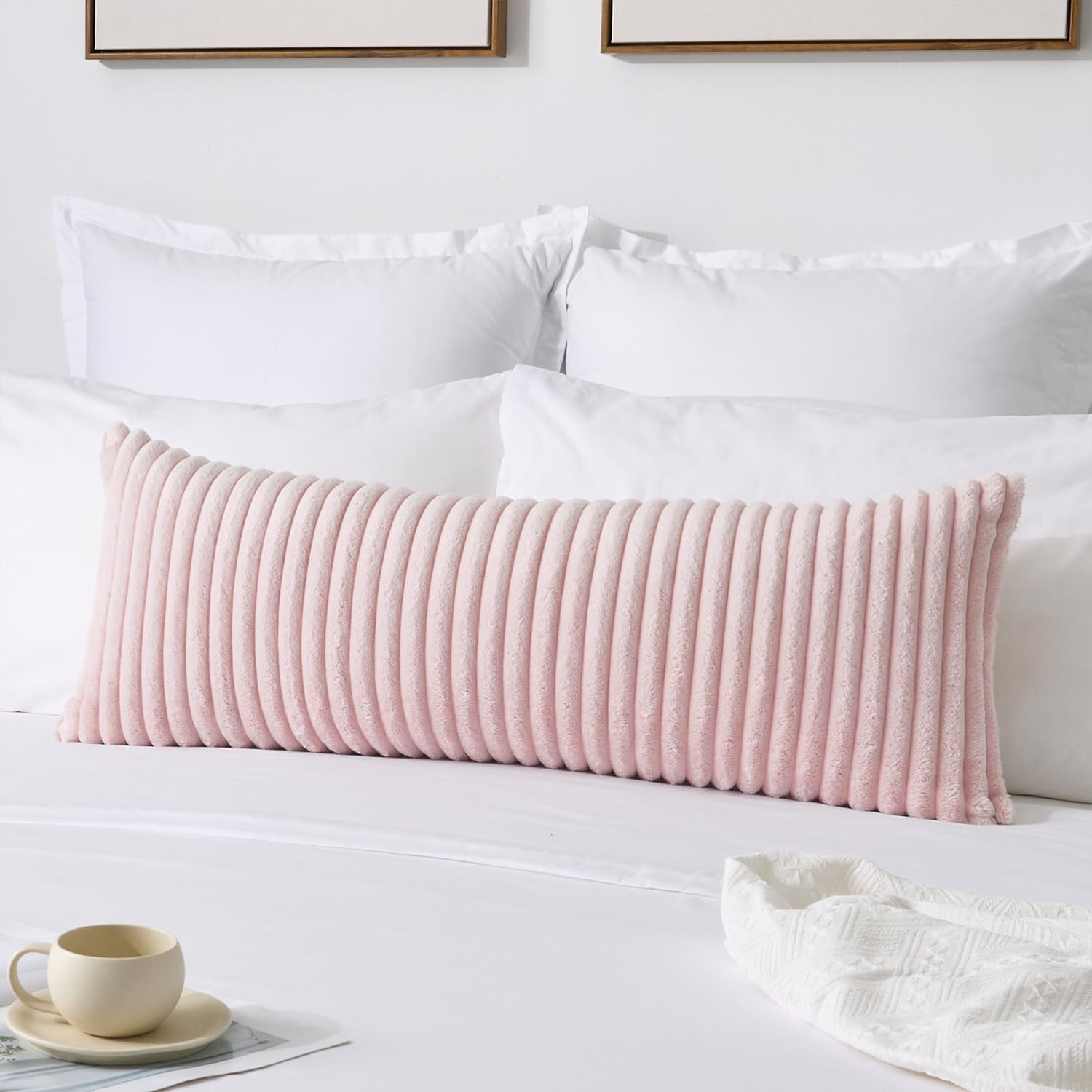 Kevin Textile Valentines Soft Plush 14x36 Inch Long Lumbar Pillow Cover 1 Pack, Luxury Fluffy Faux Fur Striped Rectangle Body Cushion Case for Girls Gift Couch Sofa Chair Bed Home Decor, Light Pink