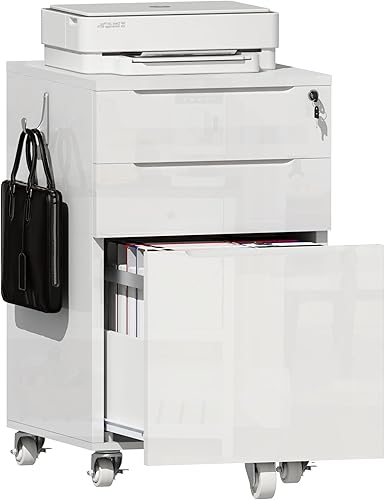 Miniatura 1 de ChooChoo Archivador de alto brillo con cerradura, archivador rodante de 3 cajones para tamaño legalA4carta, archivador debajo del escritorio con
