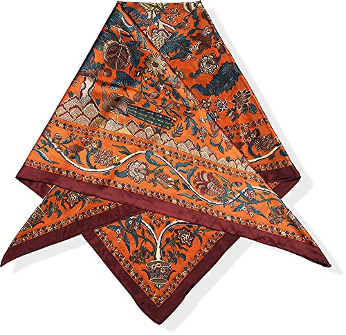 Large Lightweight Women Square Designer Silk Scarf Shawl Pashmina Wrap 53 x 53 Safety Orange Burgundy Florals