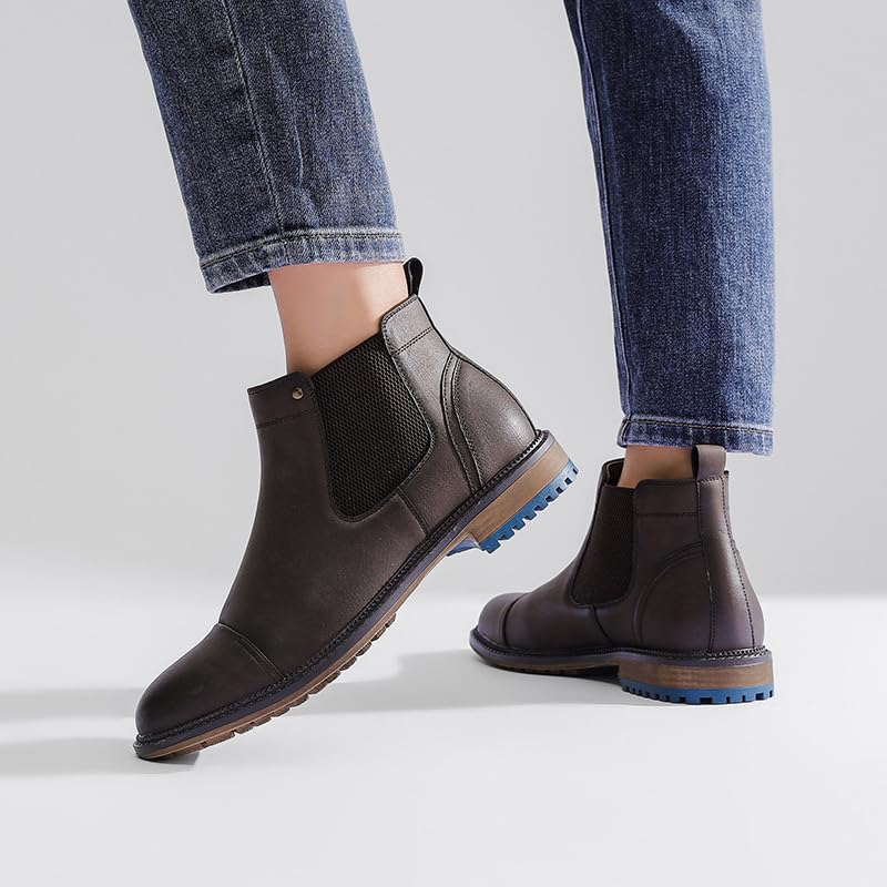 Men'S Leather Low Heel Dress Chelsea Boots Comfortable Round Toe Chunky Heel Slip-On Casual Chukka Ankle Boots With Side Elastic Bands Classic Ankle Boot2