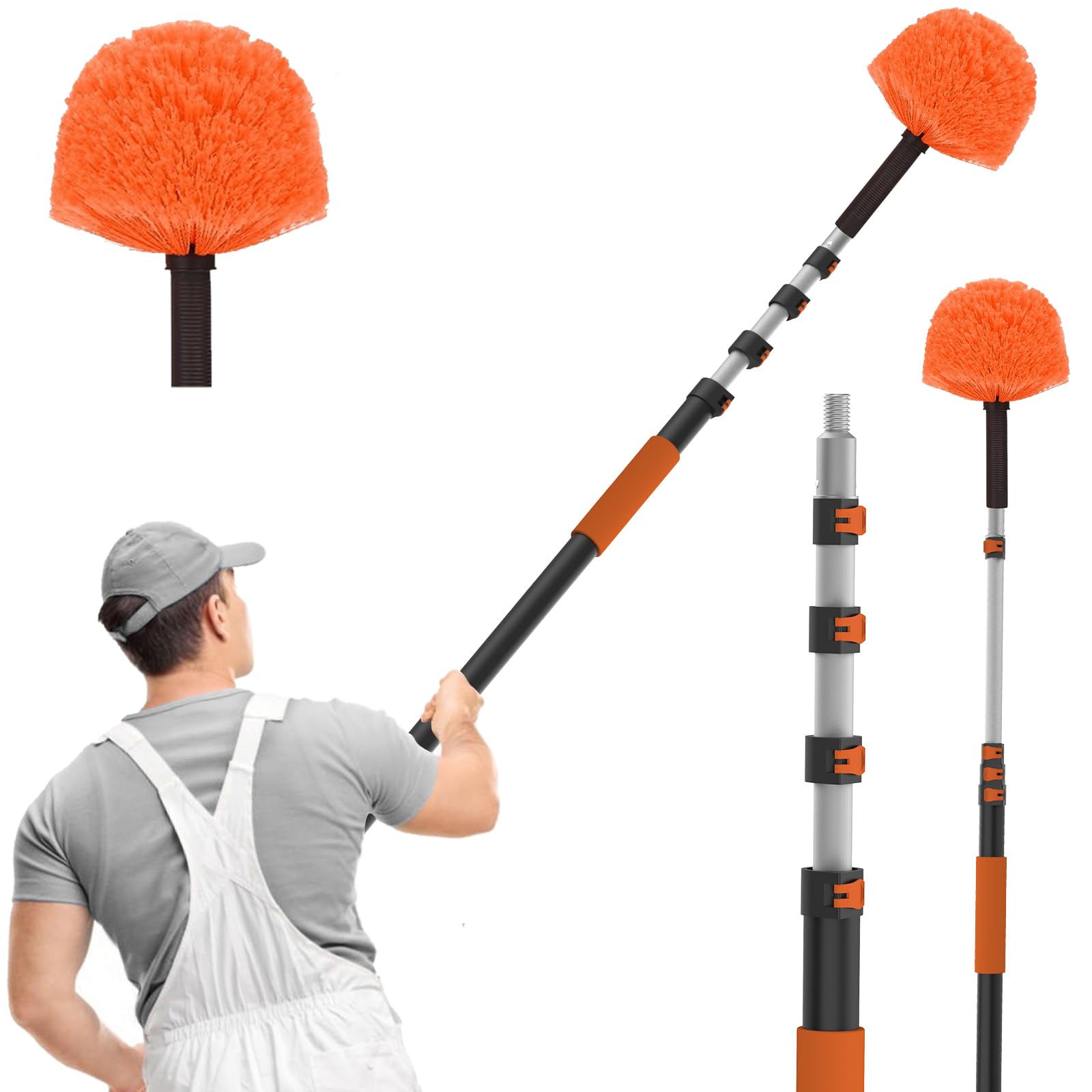 Sisupassie Orange 3.6M Feather Duster Extendable, Professional Telescopic Cobweb Brush With Extra Long Handle, Washable Spider Web Cleaner For Spider Web Remover, High Ceilings And Roof