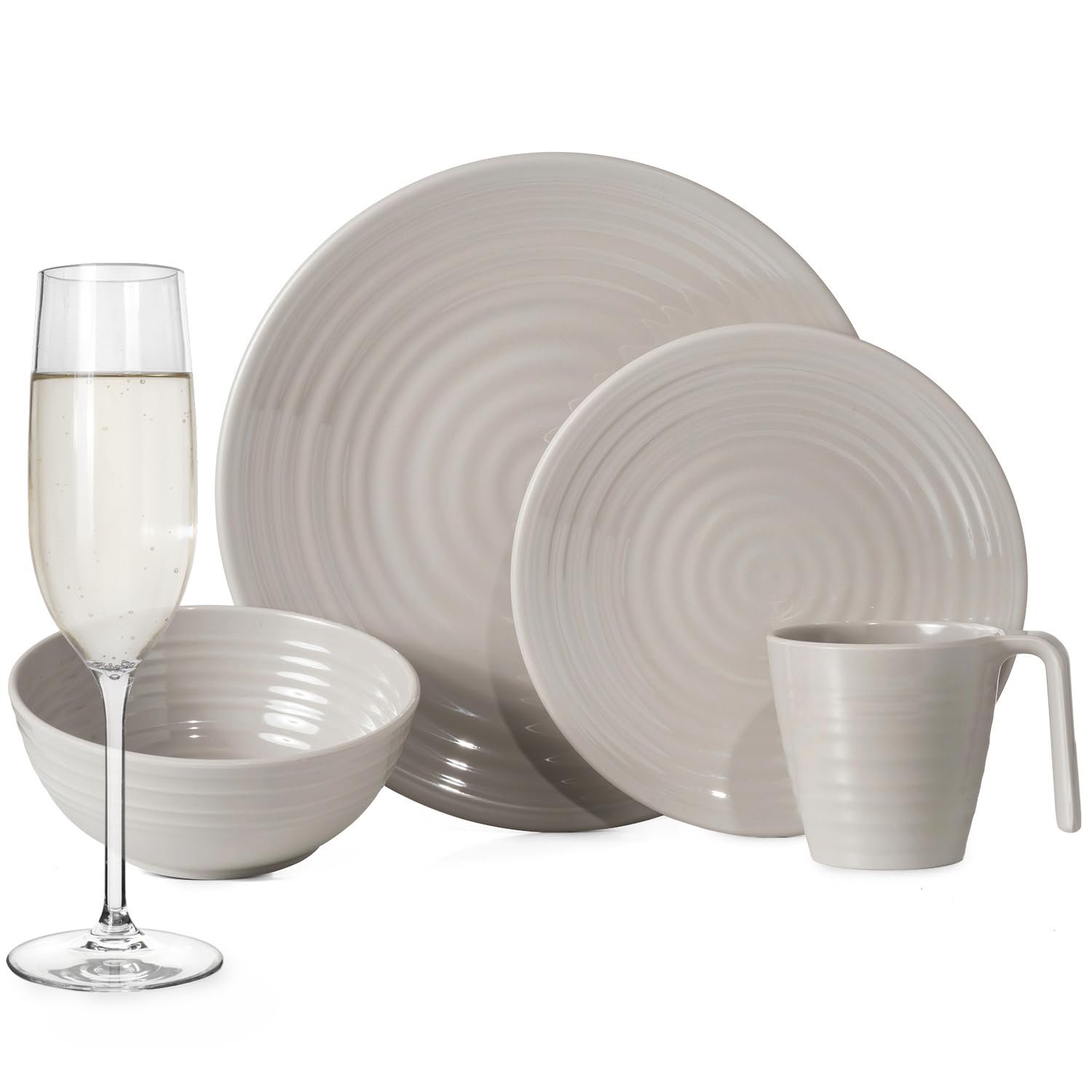 Vajilla de melamina para camping, 4 personas, diseño de café, 16 piezas + 4 vasos Timo, copas de champán, vajilla de pícnic, barbacoa