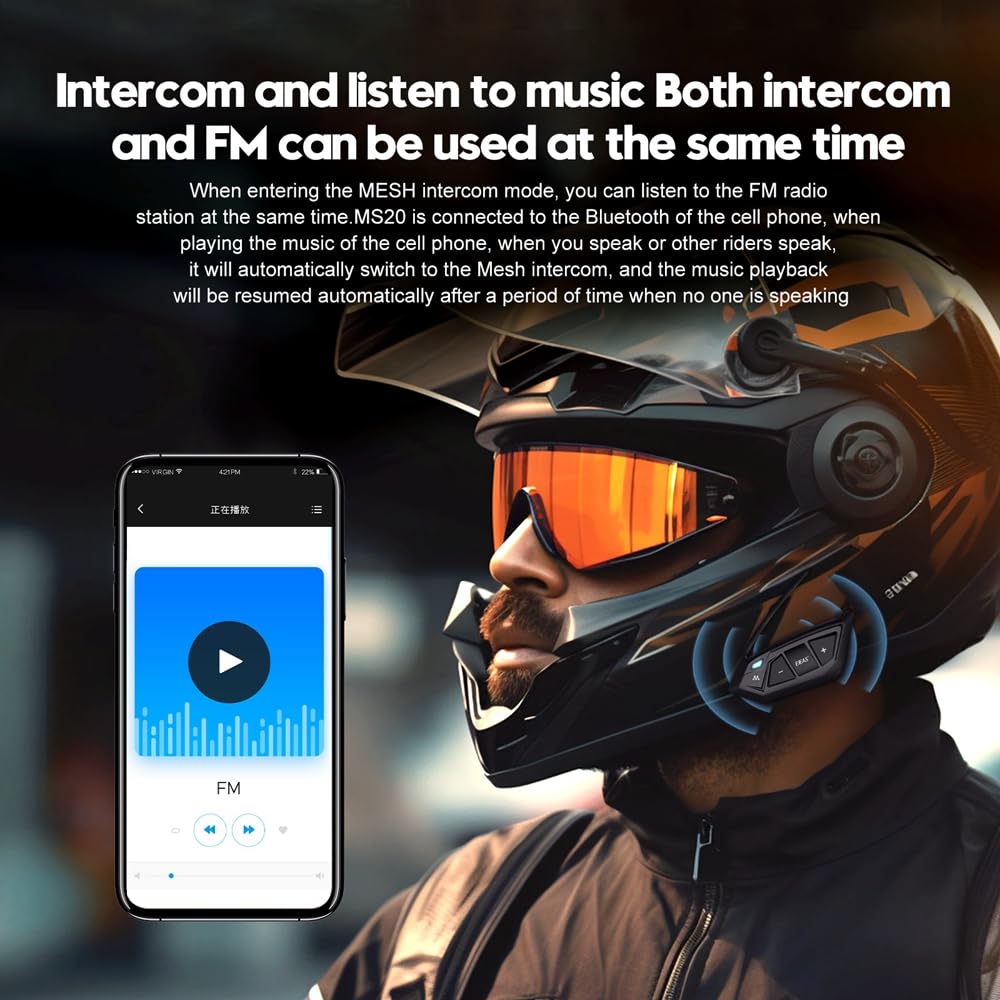 SolaMr MS20 Motocicleta Auriculares Bluetooth, 20 Riders Casco Bluetooth Intercom, 2000M 1200mAh Impermeable Motocicleta Auriculares Sistemas con Compartir Música(One Pack)