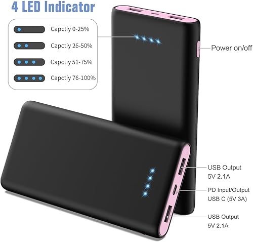 Miniatura 6 de Cargador portátil de 25,800 mAh, 5 V3 A USB C de entrada y salida rápida de teléfono con IC inteligente inteligente, 3 puertos USB, batería externa